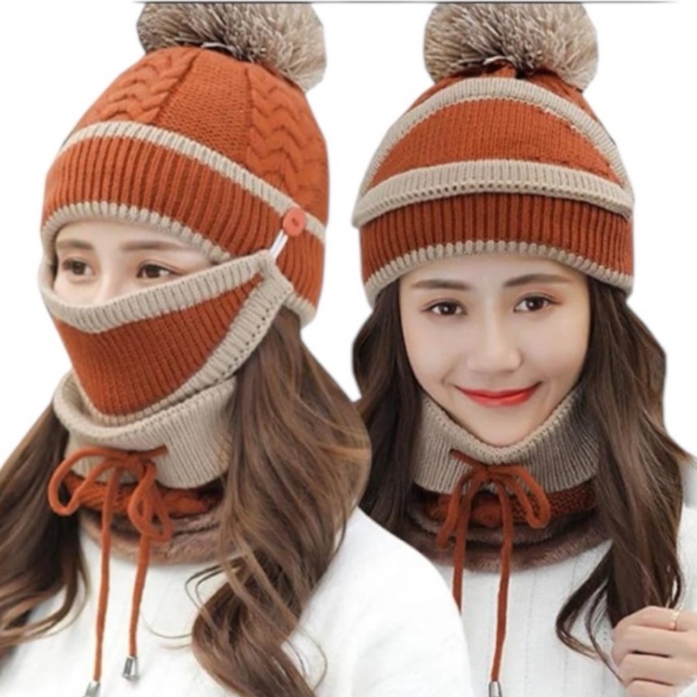 5 for $20🫟🛍️🔵 Brown and Tan Knit Beanie with Pom-Pom